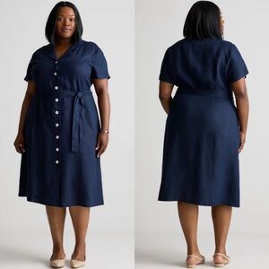Quince 100% European linen button front midi dress deep navy blue size XL